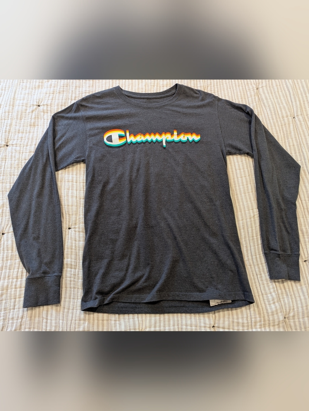Champion Women’s Long-Sleeve Logo Tee in Charcoal with Rainbow Script